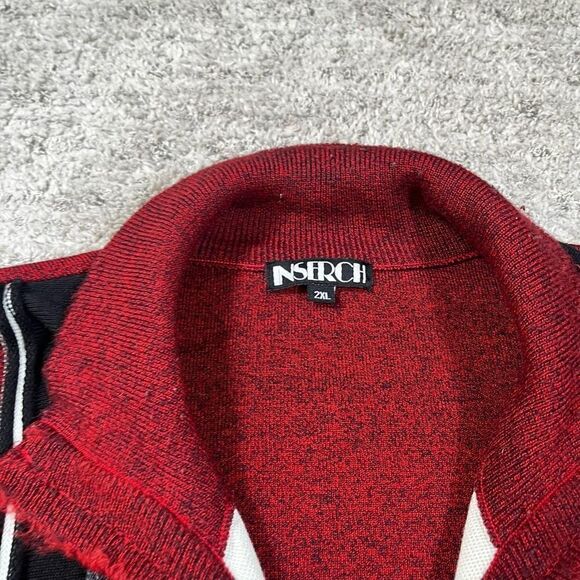 Vintage 90s Inserch 3D Textured Knit Zip Up Red Congo Style Sweater - Picture 4 of 7